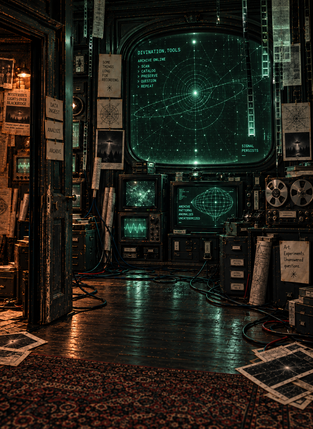A green-lit archive of vintage computers, hanging film strips and a vast arched constellation screen, with loose cables across the floor and a glimpse of the amber-lit evidence wall through the left doorway.