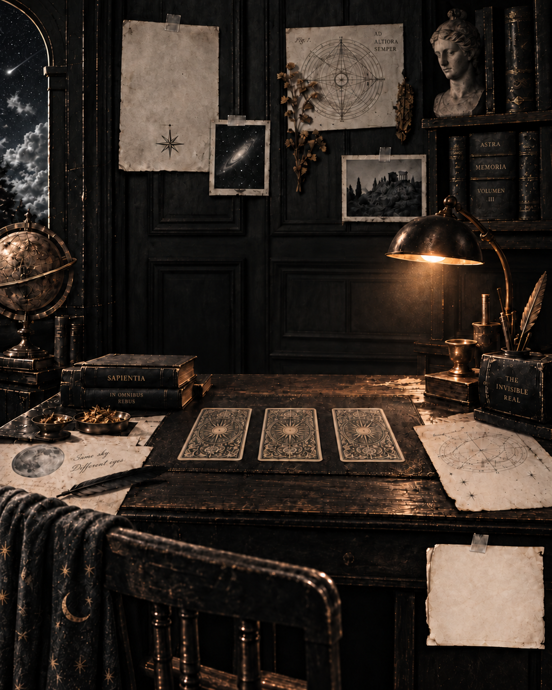 The adjoining study: an antique writing desk, a shaded lamp and three tarot cards, with the archive window just visible to the left.