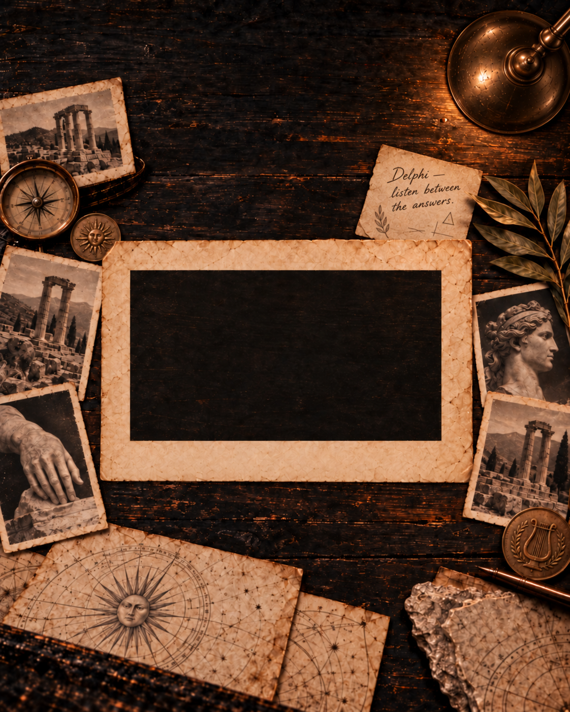 A loose antique photograph mount on a desk with Greek ruins, sculpture photographs, laurel leaves and brass lamplight.