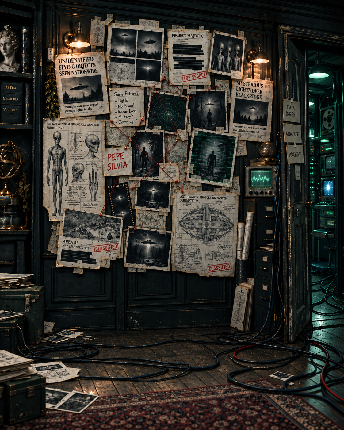 An archive wall crowded with crooked UFO photographs, cryptid reports and secret technology diagrams connected by red string. Loose cables lead into a green-lit equipment room on the right.