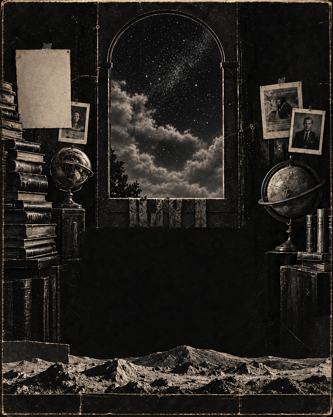 A paper collage of an old archive: books, an armillary sphere, photographs and an arched night window.