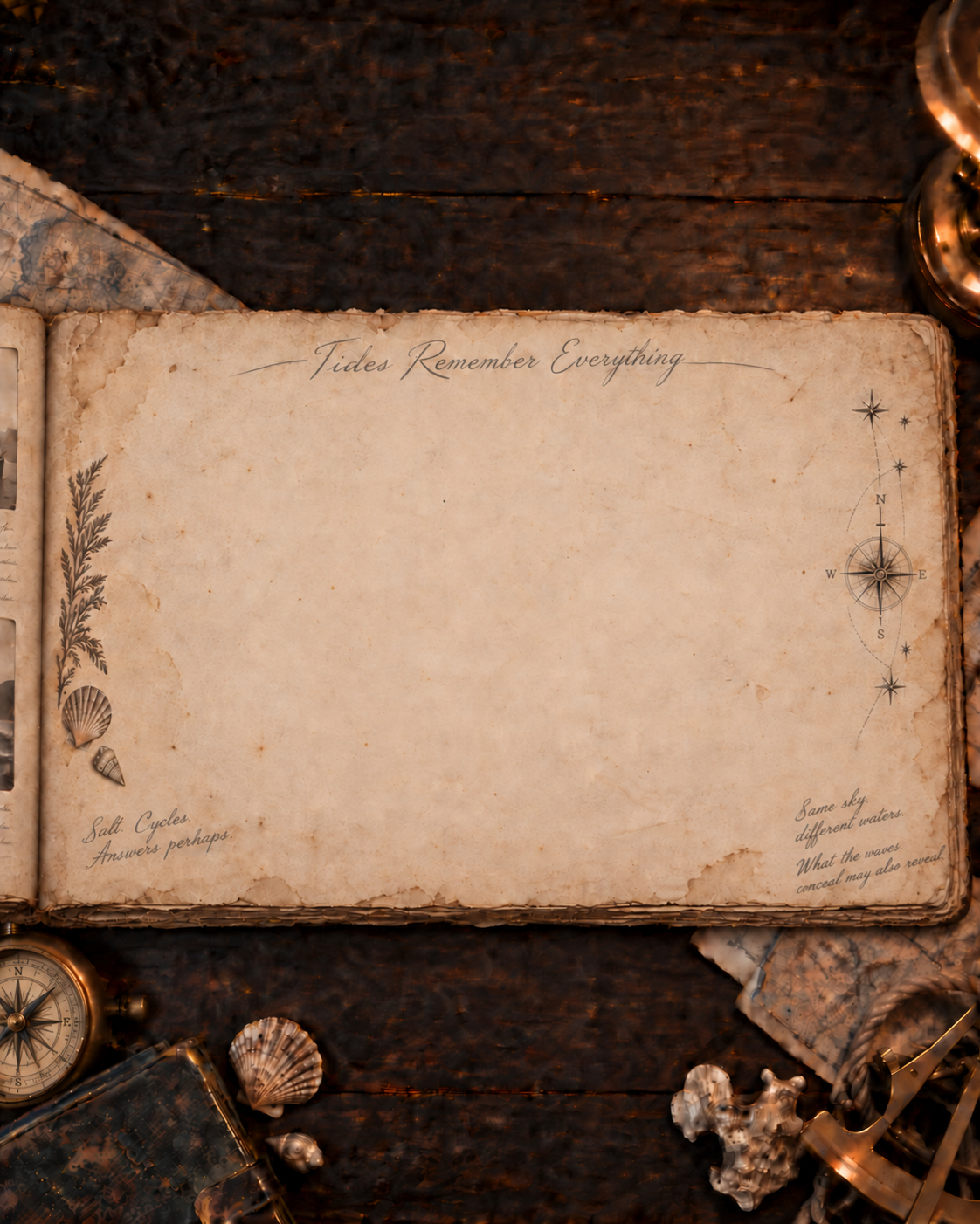 An open maritime scrapbook on the archive desk, surrounded by old charts, shells and lamplight.