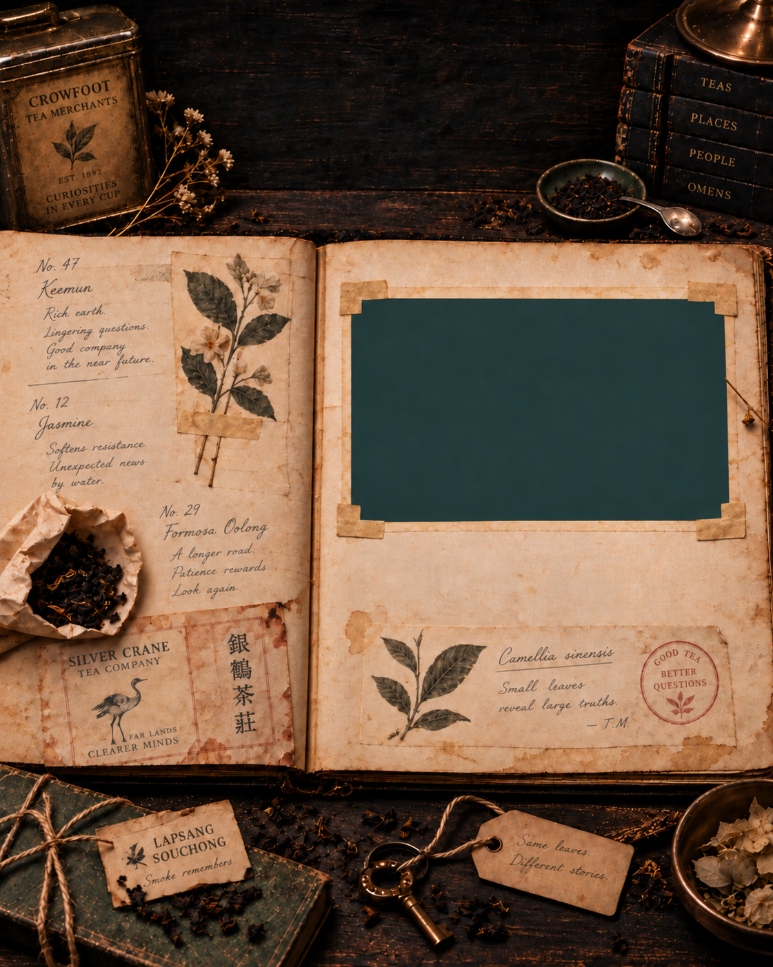 An antique tea merchant’s sample ledger with handwritten observations, pressed tea leaves and paper sample packets.